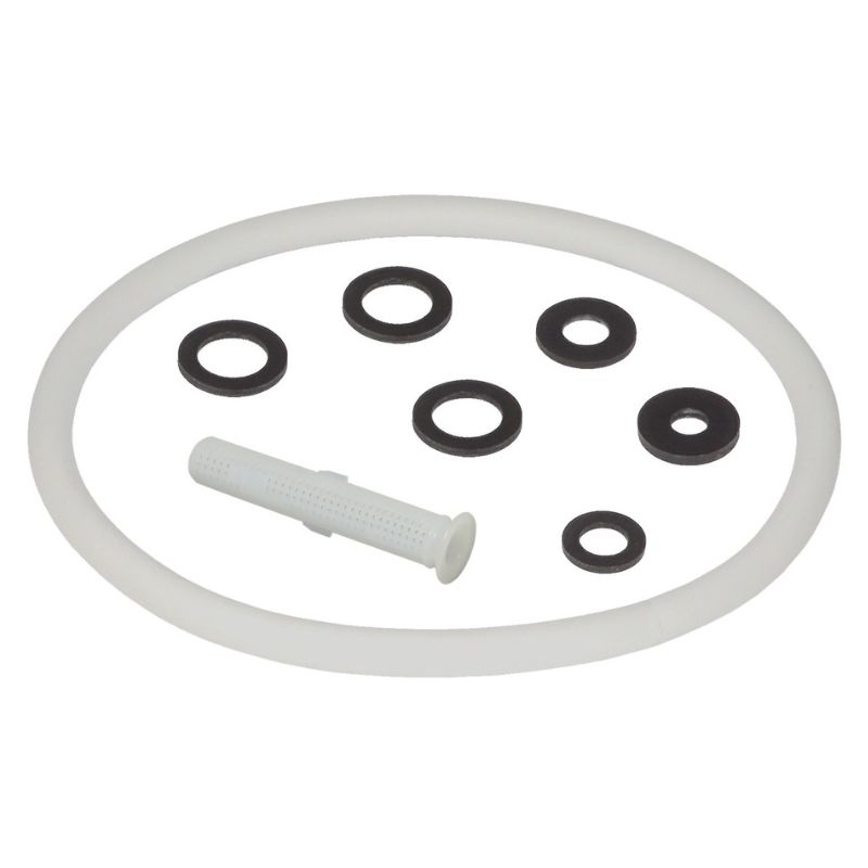 Een set reserveonderdelen voor de Birchmeier Organic Star 15 Accu rugspuit, inclusief verschillende maten O-ringen, een filter en een grote witte afdichting.