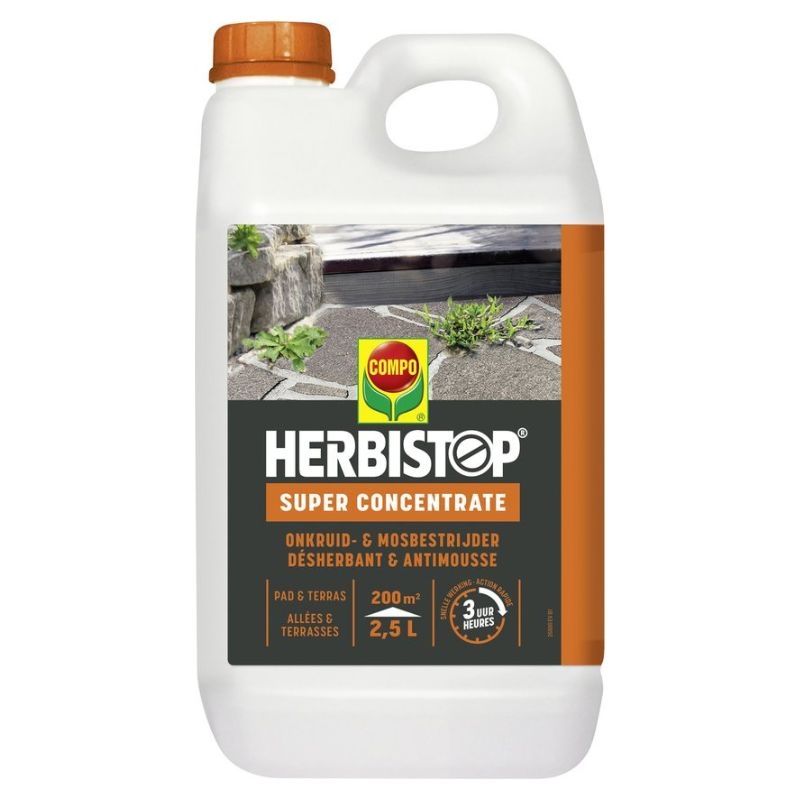 Krachtige onkruidverdelger voor verhardingen, Compo Herbistop Super, verwijdert onkruid en mos binnen enkele uren.