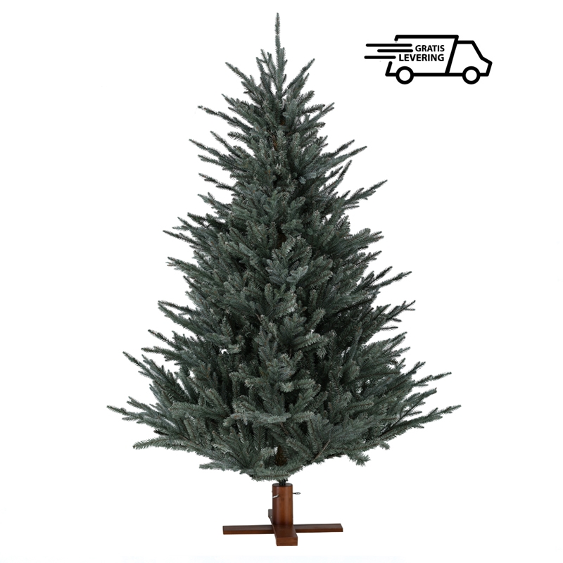 Donkergroene kerstboom met houten voet Frosty Blue 213 cm