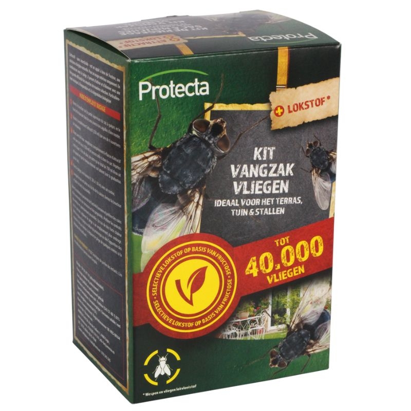 Een groene en blauwe doos met daarop een afbeelding van een vliegenval en een flesje, met de tekst "Protecta Kit Vangzak Vliegen" en "40.000 vliegen".