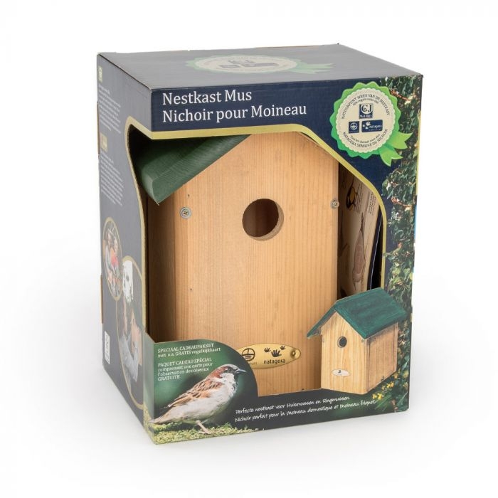 Nestkast voor mussen met gratis vogelkijkkaart