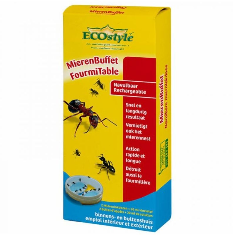 Biologische mierenbestrijding met Ecostyle Mierenbuffet, set van 2 lokdozen en 20ml lokstof.