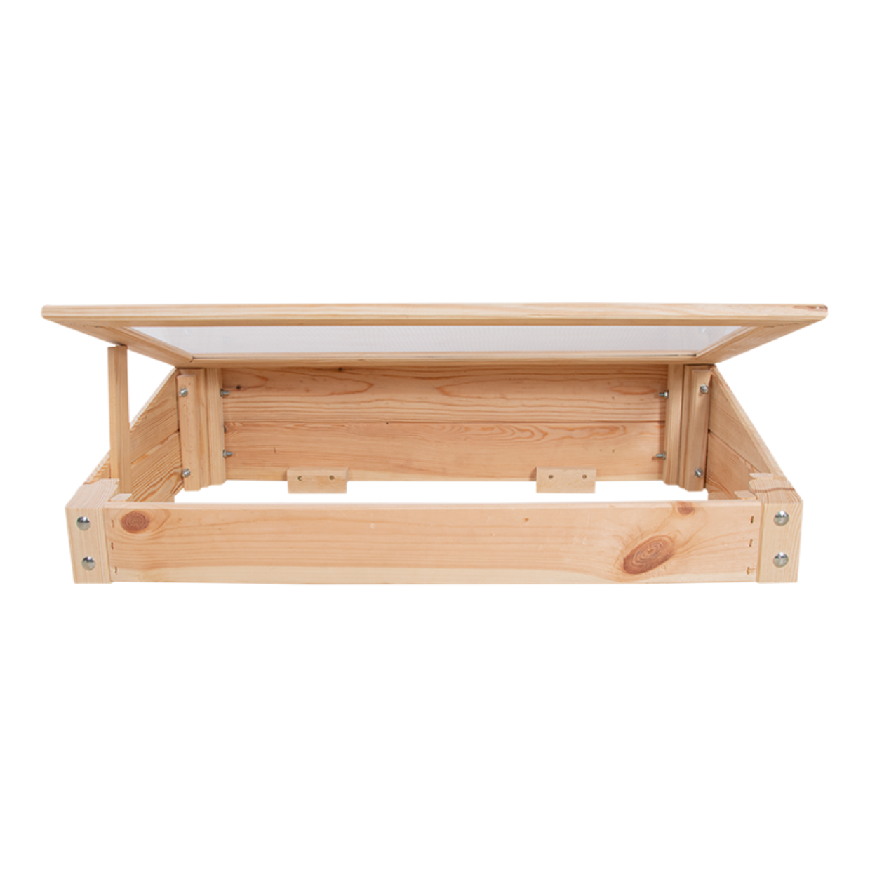 Een houten koude bak van Esschert Design met het deksel open, klaar om jonge planten te beschermen.