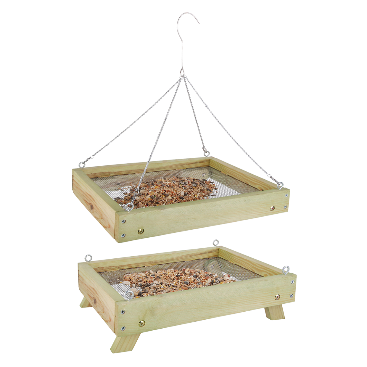 Een houten vogelvoedertafel die zowel hangend als staand gebruikt kan worden, gevuld met vogelzaad.