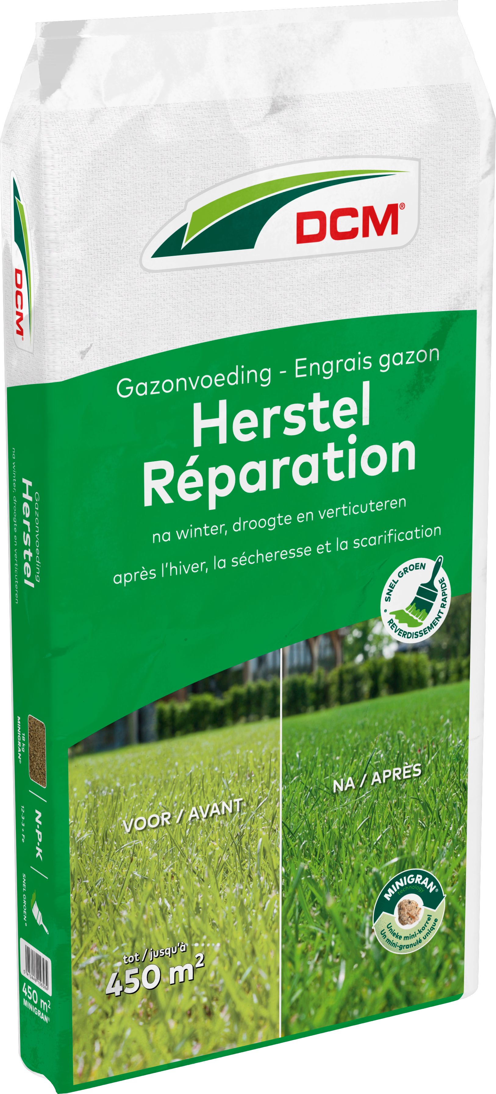 DCM Gazonvoeding Herstel: Organische meststof voor een snel herstel van uw gazon na winter, droogte of verticuteren (450m²)