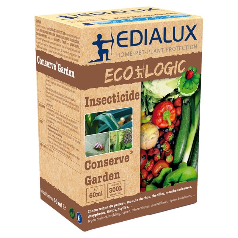 Flesje van 60ml Conserve Garden, een biologisch insecticide voor de bestrijding van eikenprocessierupsen in tuin en moestuin.