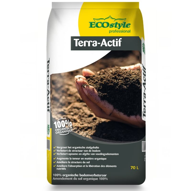 Een grote zak Ecostyle Terra-Actif bodemverbeteraar met een afbeelding van een hand die de rijke, donkere grond vasthoudt.