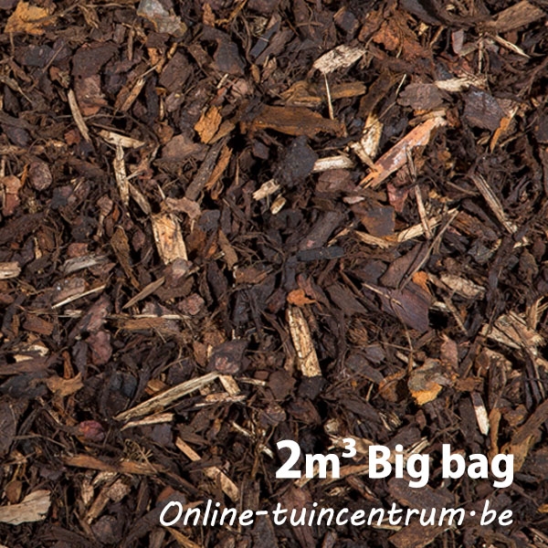 Grote witte big bag gevuld met Belgische sierschors met een korrelgrootte van 15-25 mm, goed voor 22 tot 25m² bodembedekking.