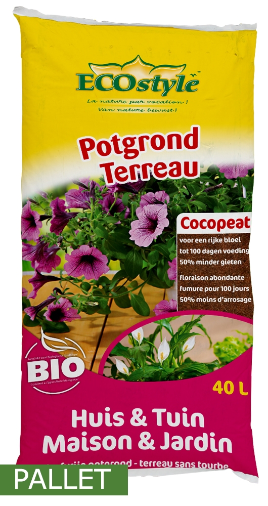 Pallet potgrond Ecostyle Cocopeat voor huis en tuin 40L