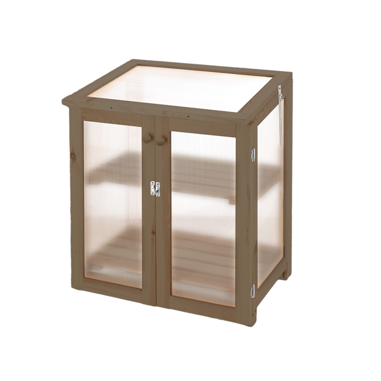 Een houten mini-serre met twee deuren, drie planken en doorzichtige wanden.
