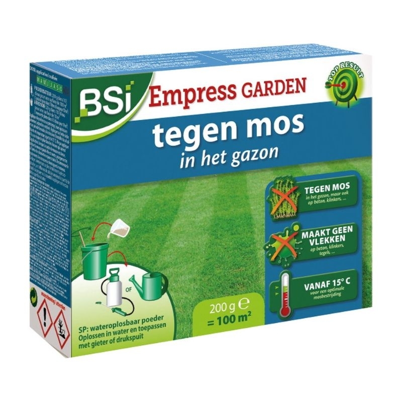 Groene verpakking van BSI Empress Garden, een sproeistof tegen mos in gazons en op verhardingen (100m²).