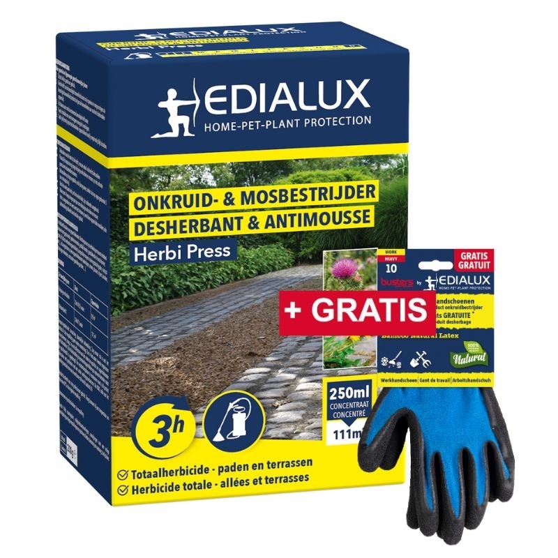 Doos Edialux Herbi Press onkruidverdelger (250ml) met een paar gratis werkhandschoenen. Effectief tegen onkruid en mos op paden en terrassen.