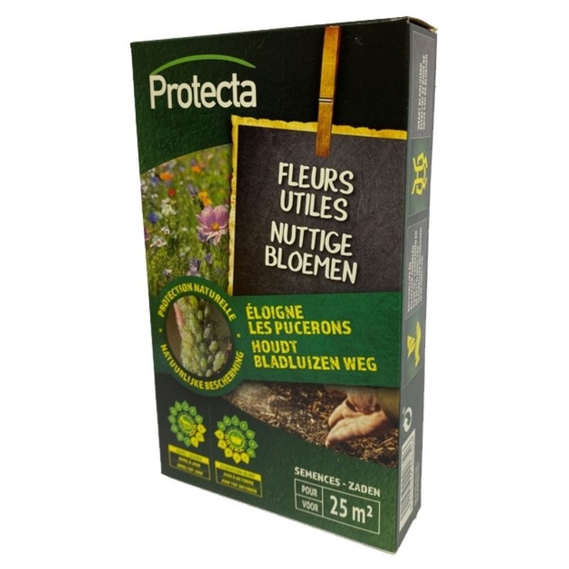 Een groene doos met een afbeelding van een kind dat bloemen zaait en een close-up van een lieveheersbeestje op een plant. De tekst op de doos geeft aan dat het een bloemenmengsel is om bladluizen weg te houden.