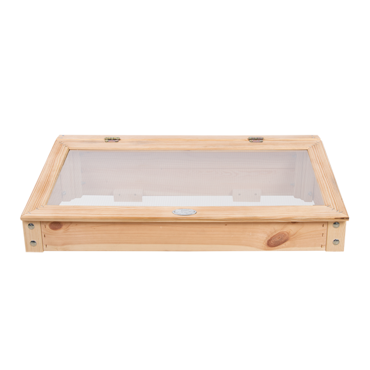 Een houten koude bak van Esschert Design met gesloten deksel, klaar om zaailingen en jonge planten te beschermen tegen kou en ongedierte.