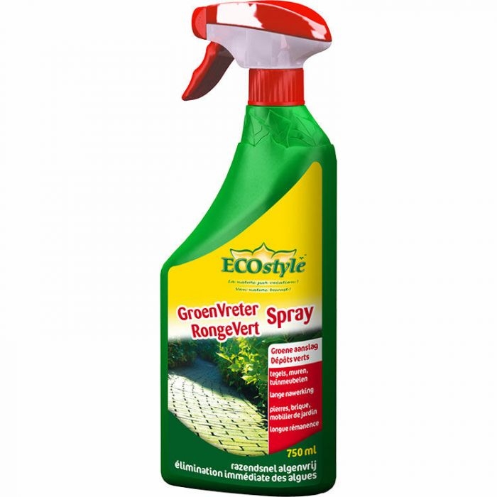 Groene spuitfles met Ecostyle Groenvreter Spray (750ml) voor het verwijderen van groene aanslag en mos.