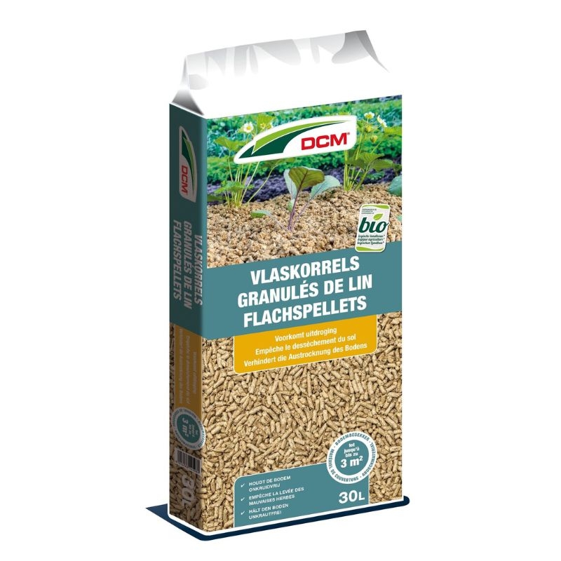 Zak DCM vlaskorrels (30L) voor een gezonde bodem. Houdt vocht vast, werkt onkruidwerend en beschermt tegen slakken en kevers.