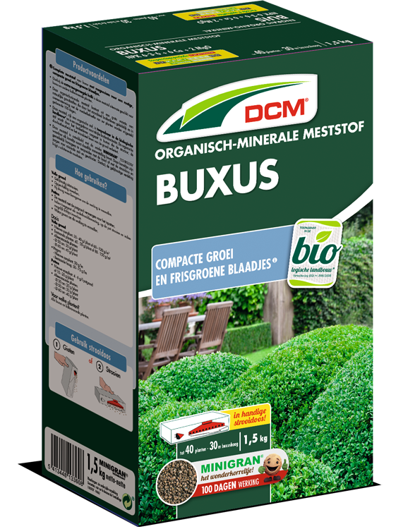 Biologische meststof van DCM speciaal voor buxusplanten, zorgt voor gezonde groei en diepgroene bladeren.
