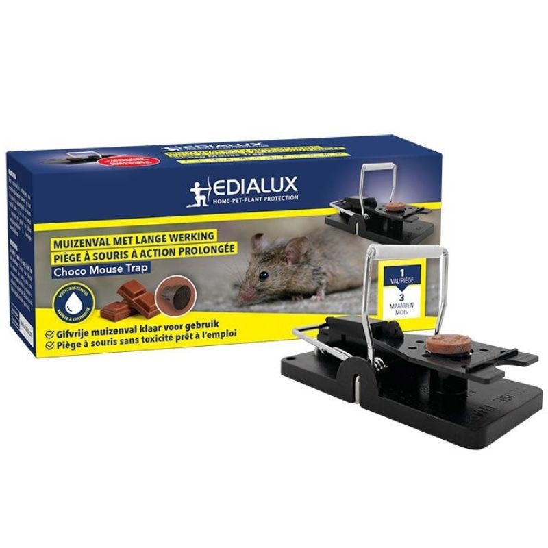 Muizenval met gifvrij chocolade lokaas van Edialux - De Choco Mouse Trap is effectief en veilig voor gebruik in huis.