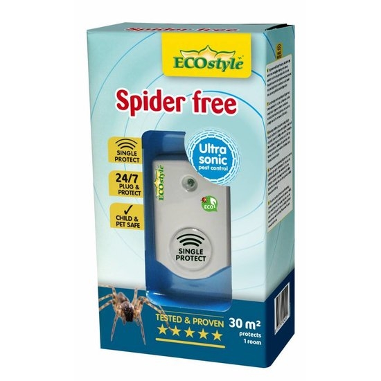 De verpakking van de Ecostyle Spider Free, een ultrasone spinnenverjager, met afbeelding van het apparaat en een spin.