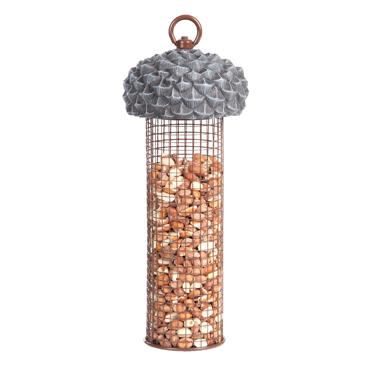 Een eikelvormige vogelvoeder met een metalen kooi gevuld met pinda's.