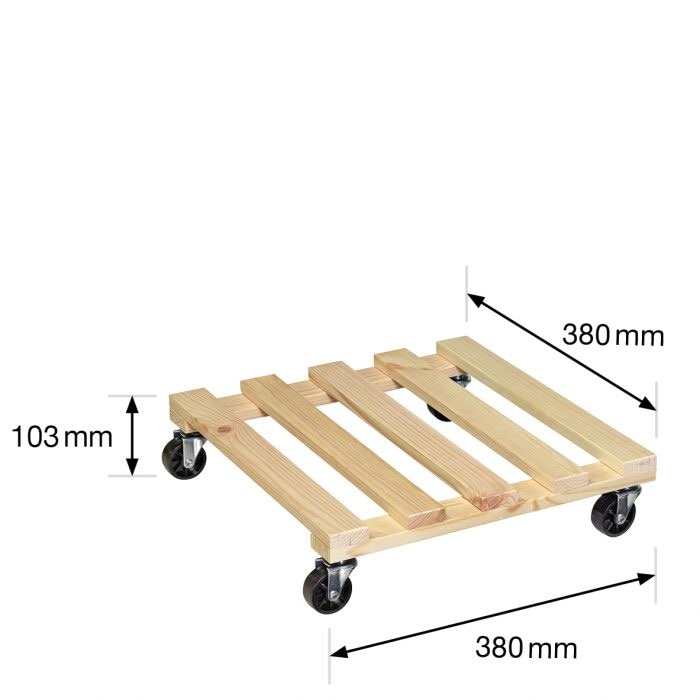 Een stevige, vierkante houten plantentrolley met vier zwenkwielen, geschikt voor grote plantenpotten tot 120 kg. Afmetingen: 380 mm x 380 mm x 103 mm.