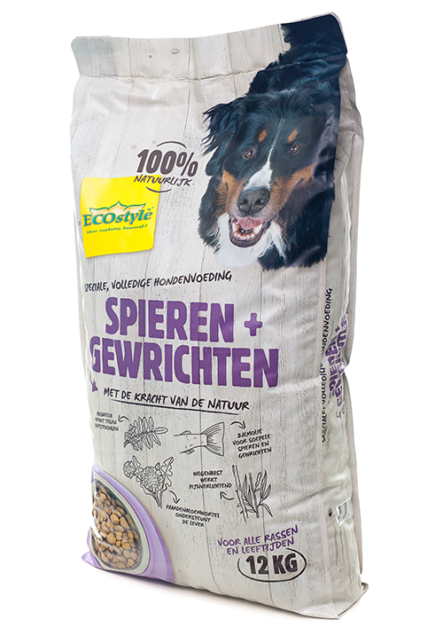 Een zak Ecostyle VitaalSpeciaal hondenvoer, speciaal samengesteld voor de ondersteuning van spieren en gewrichten bij honden.
