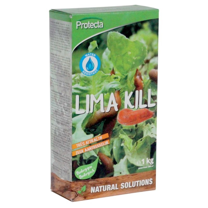 Een verpakking van 1 kg biologische slakkenkorrels van Protecta, effectief tegen slakken en veilig voor huisdieren en andere dieren.