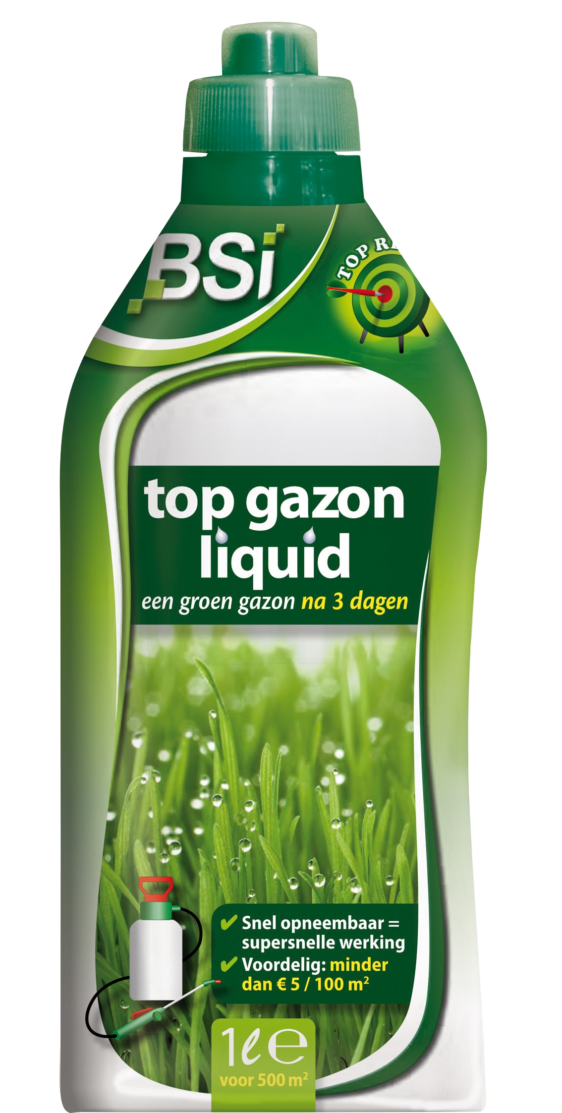 BSI Top Gazon Liquid: Vloeibare gazonmeststof voor een snel herstel en diepgroen gazon binnen 3 dagen.