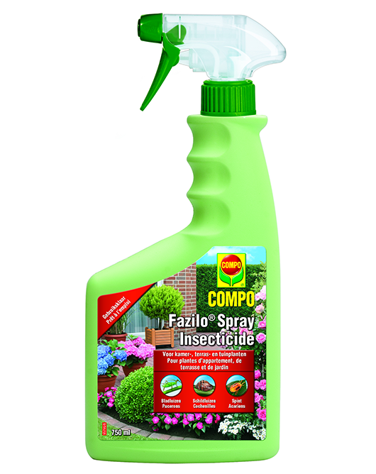 Groene spuitfles met Compo Fazilo Spray, een natuurlijk insecticide voor de bestrijding van bladluizen, spint en andere insecten.
