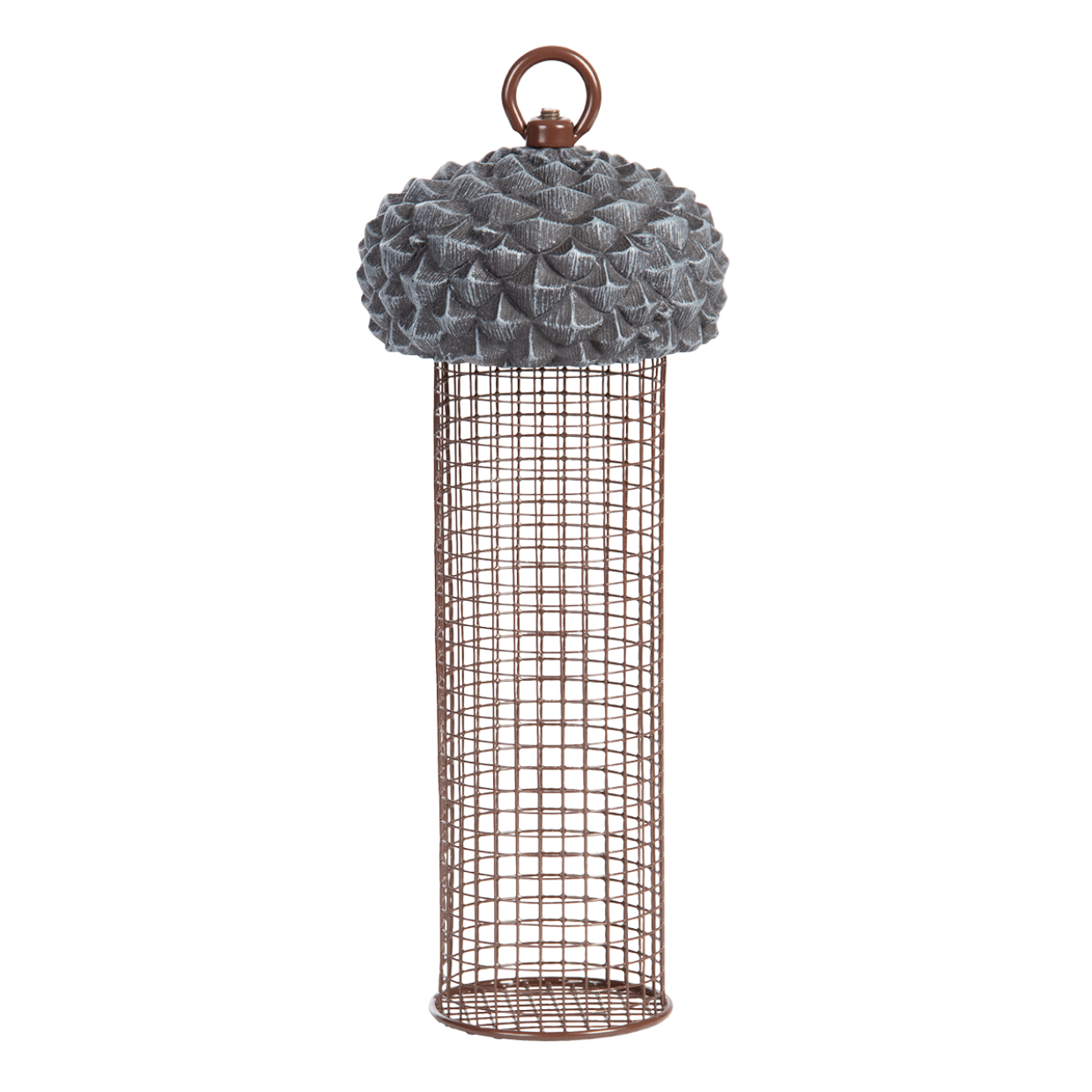 Een vogelvoeder in de vorm van een eikel met een metalen kooi om een vetbol te houden.