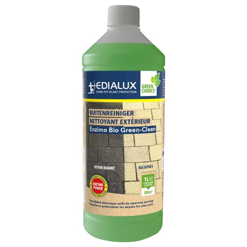 Een fles Edialux Enzimo Bio Green-Clean, een krachtig reinigingsmiddel tegen zwarte aanslag op verschillende oppervlakken buitenshuis.
