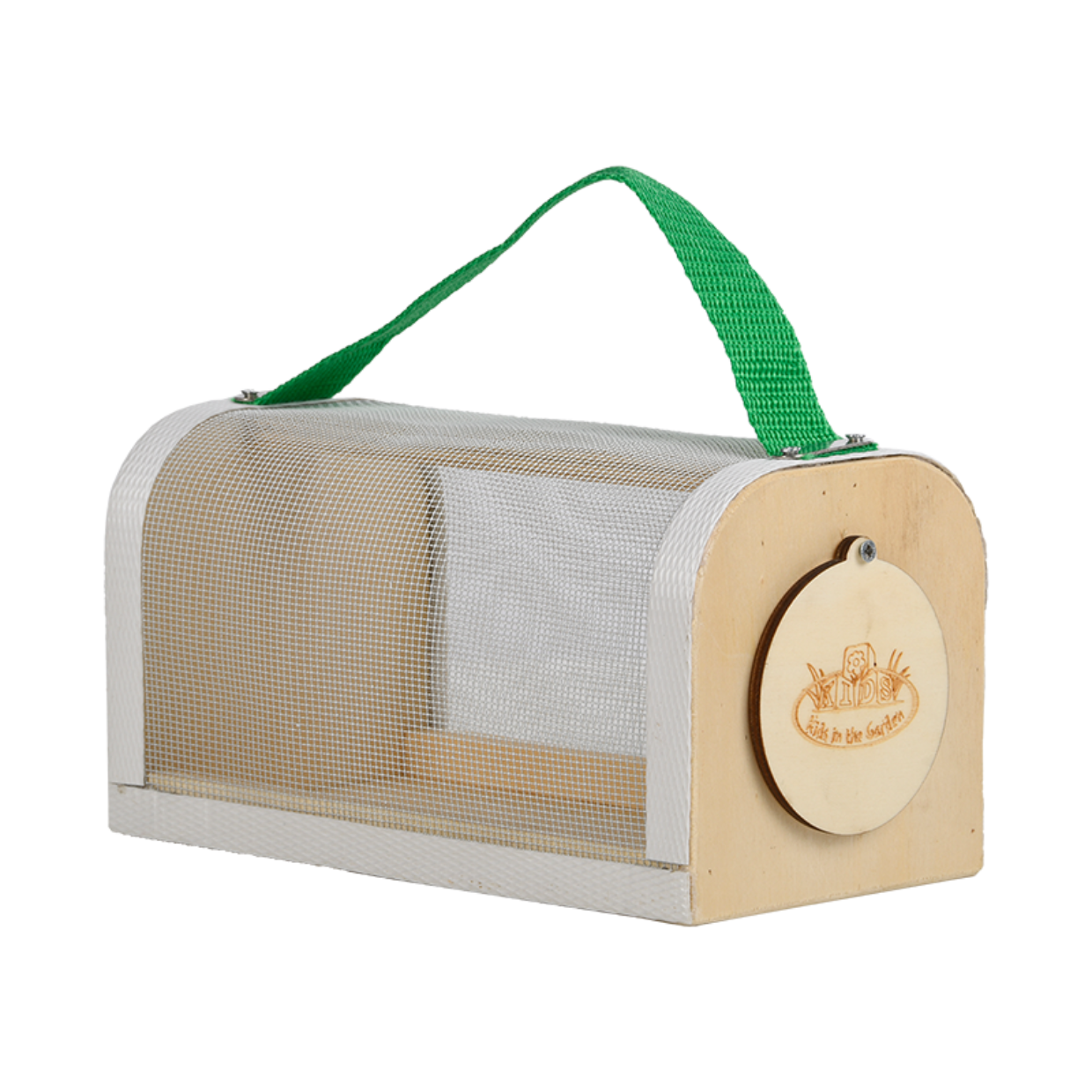 Een houten insectenobservatiebox met gaaswanden en een groen handvat, gezien vanaf de zijkant.
