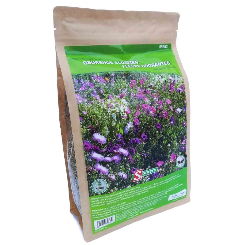 Een zak met bloemzaden voor een mix van geurende bloemen zoals lavendel, kamille en jasmijn, ideaal om de tuin op te fleuren.
