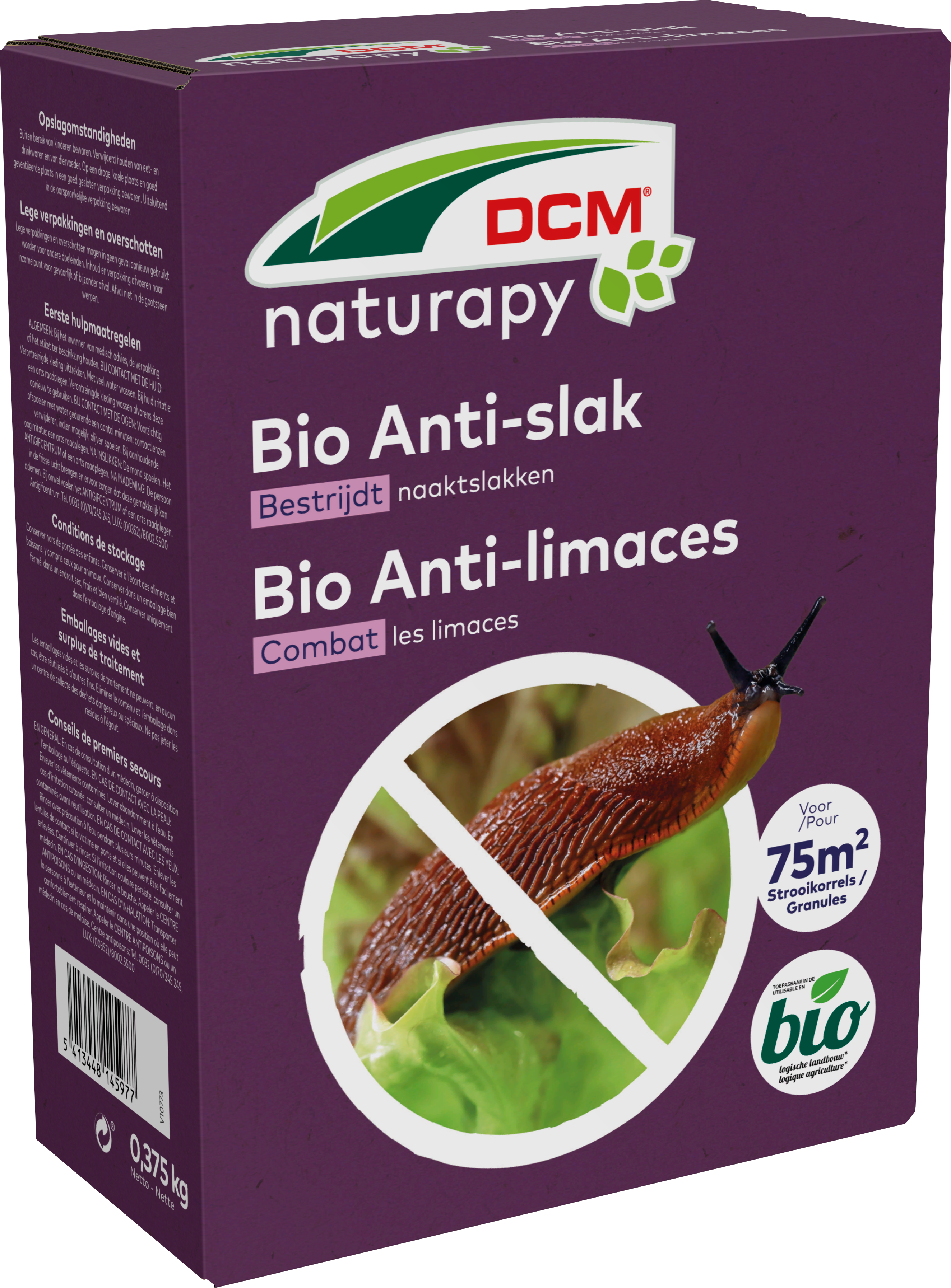 Groene verpakking van DCM Bio Anti-Slak, biologische slakkenkorrels voor 75m², met afbeelding van een slak op een blad.