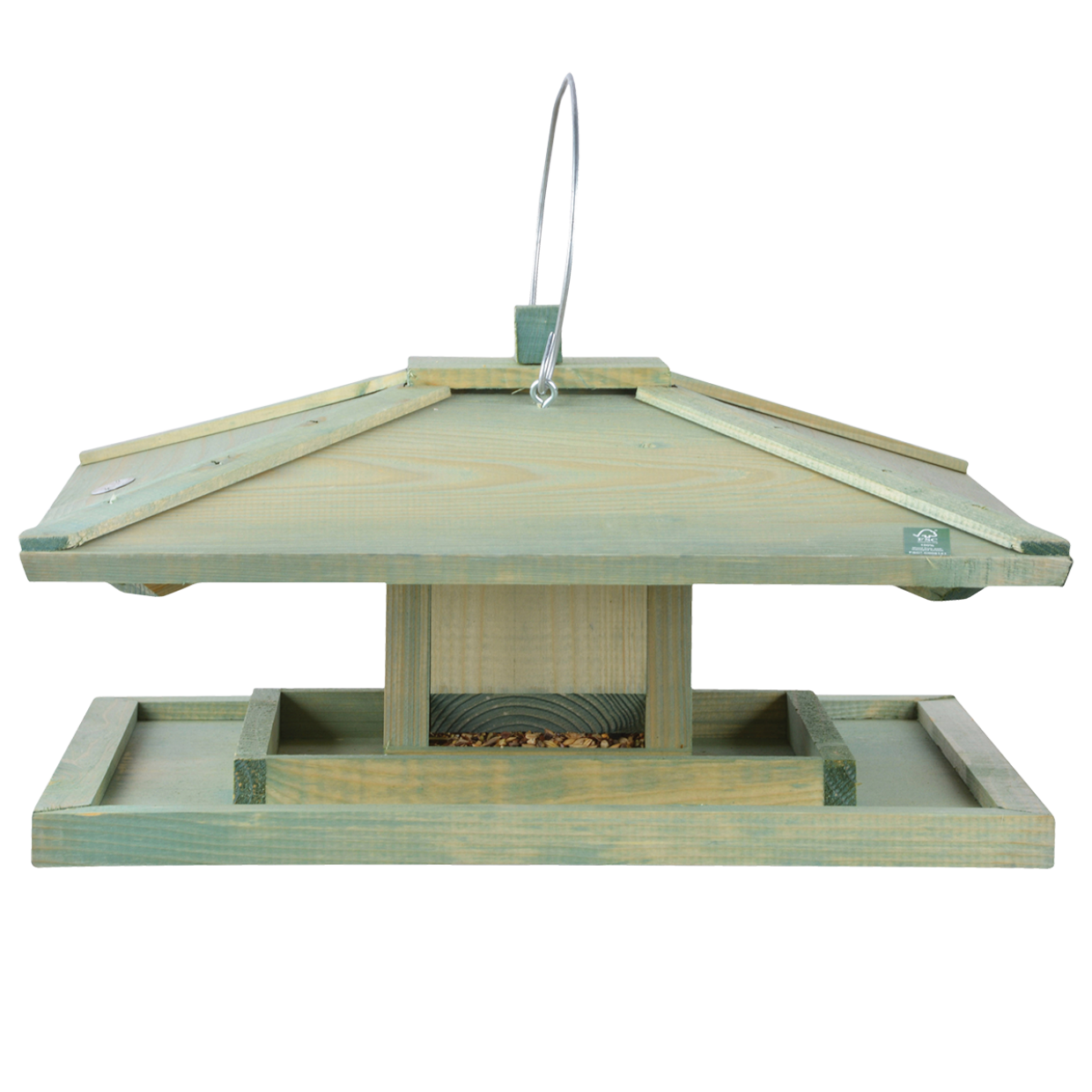 Een groen houten vogelvoederhuis in Japanse stijl met een vierkant dak, een voederplateau en een silo voor vogelvoer.