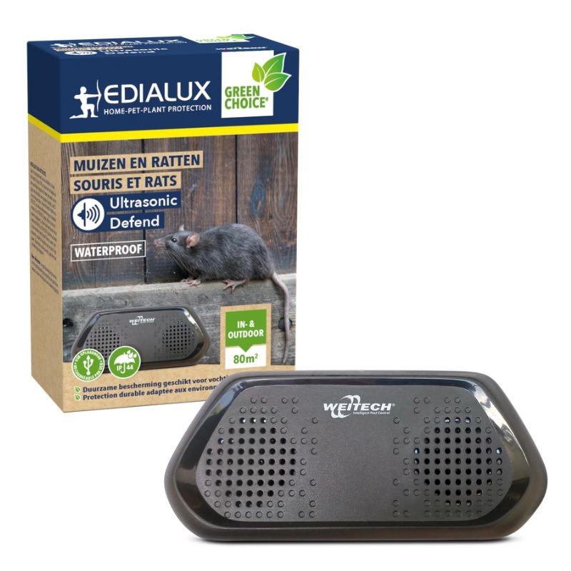 Edialux Weitech Ultrasonic Defend: Een waterdicht, grijs apparaatje dat ultrasone geluiden uitzendt om muizen en ratten zowel binnen als buiten te verjagen.