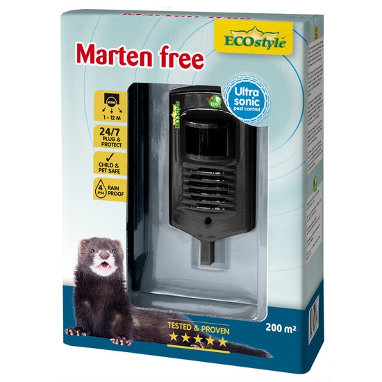 De verpakking van de Ecostyle Marten Free, een ultrasone marterverjager, met afbeelding van het apparaat en een marter.
