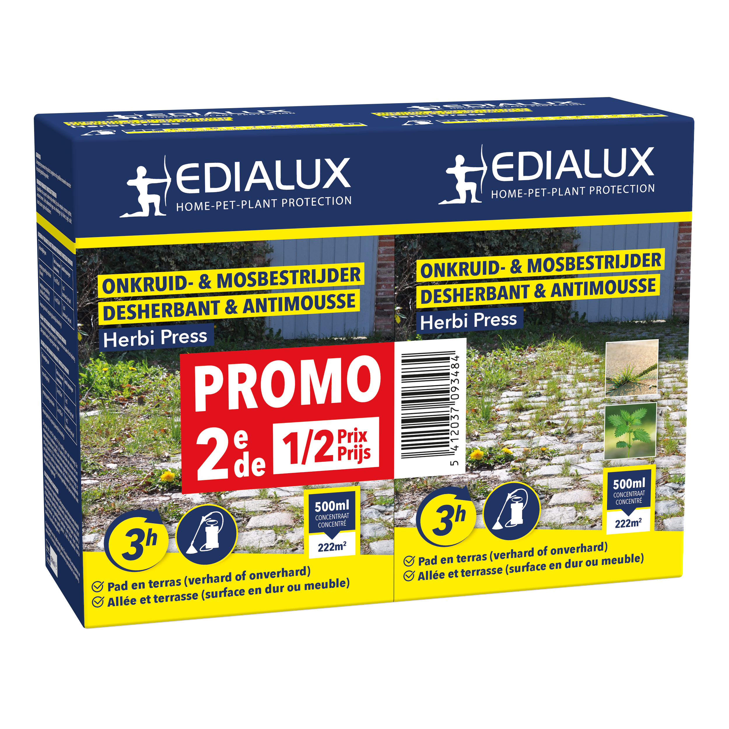 Edialux Herbi Press: Effectieve onkruid- en mosbestrijder voor paden en terrassen. Nu met promo: tweede fles aan halve prijs
