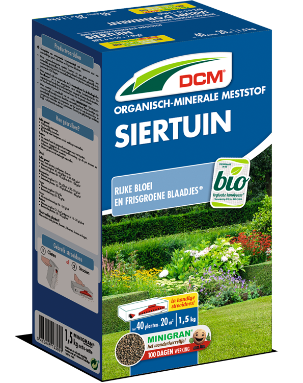 Verpakking van DCM meststof met afbeelding van een weelderige buxushaag, ideaal voor compacte groei en frisgroene bladeren.