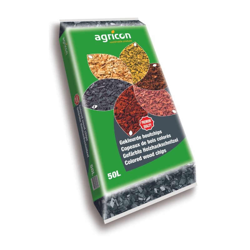 Een close-up van donkergrijze houtchips, ideaal voor decoratieve en onkruidwerende bodembedekking.