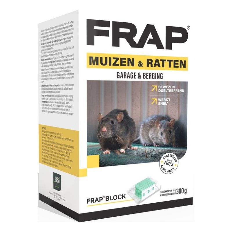Een verpakking van FRAP® BLOCK, een krachtig en vochtbestendig blokkenlokaas voor de bestrijding van muizen en ratten in garage en berging.