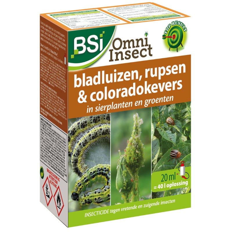 Blauwe fles BSI Omni Insect insecticide (20ml) voor het bestrijden van bladluizen, rupsen en coloradokevers op sierplanten en groenten.