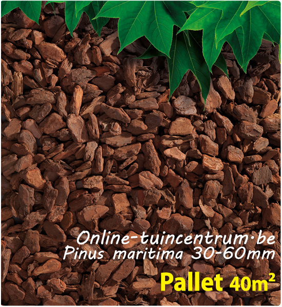 Pallet met 39 zakken Franse pijnboomschors (Pinus maritima) van 30-60mm, voldoende voor 40m² bodembedekking.