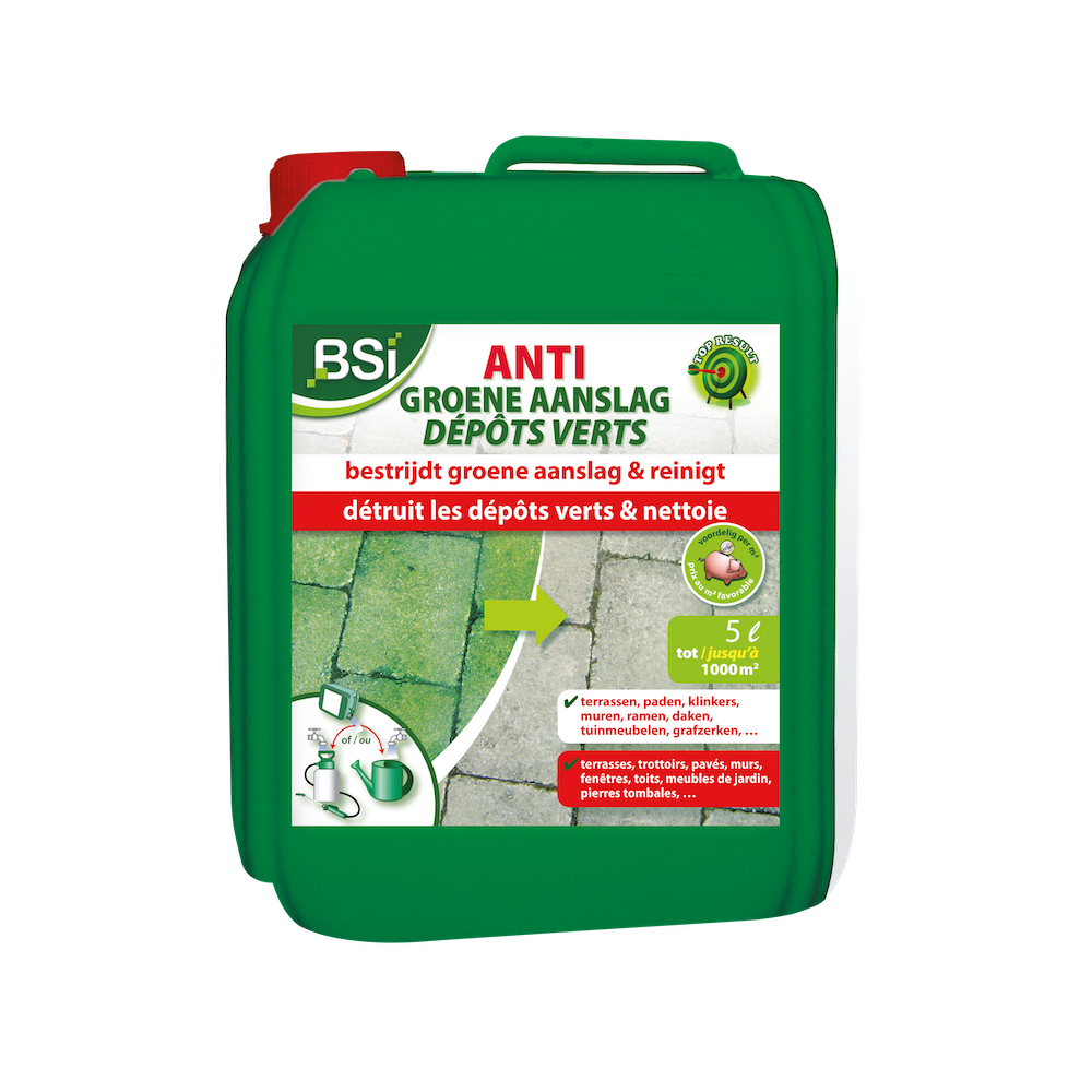 Verwijder groene aanslag van terrassen, opritten, daken en gevels met BSI Anti Groene Aanslag concentraat (5 liter).