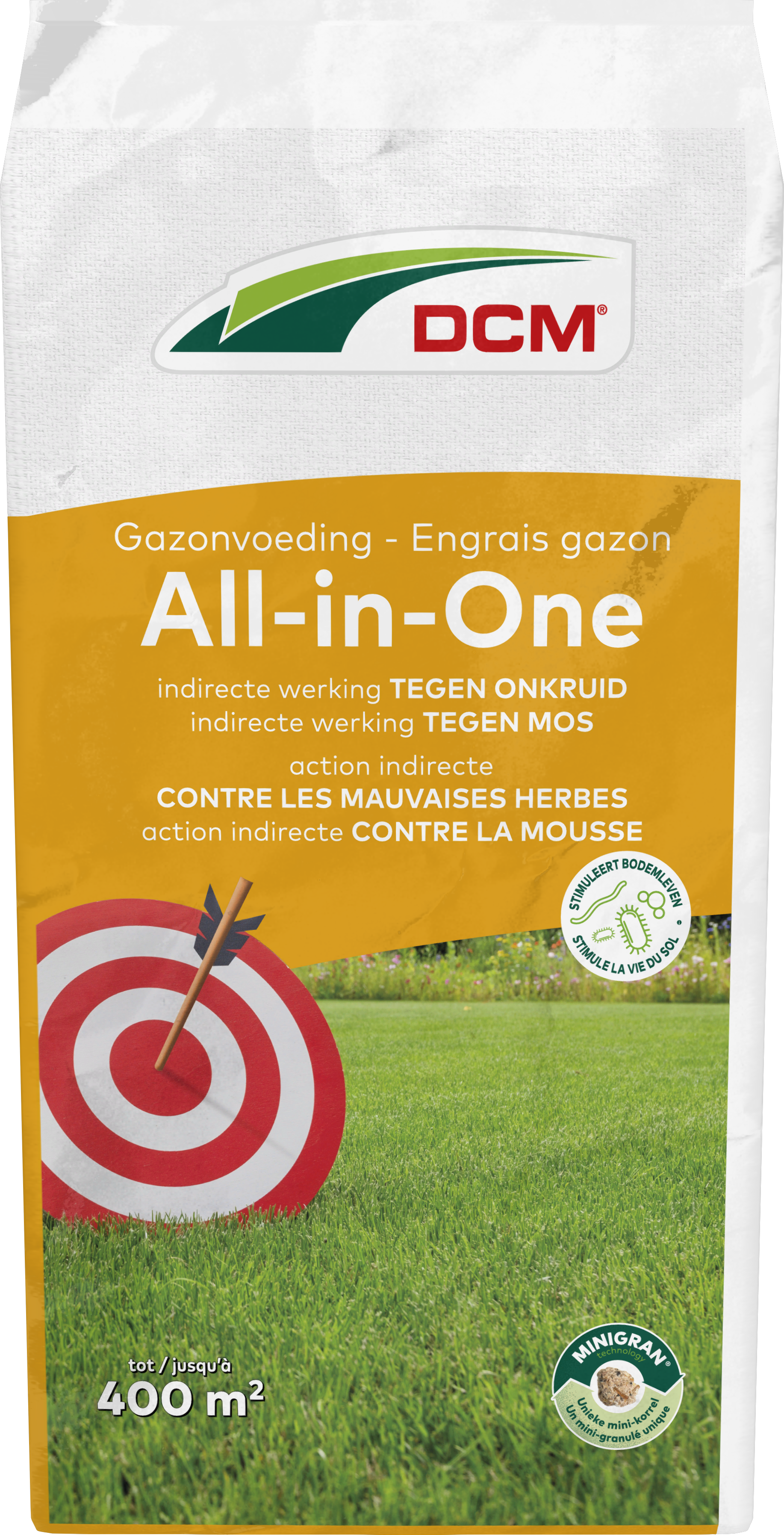 DCM Gazonvoeding All-in-One: Voedt het gazon en bestrijdt indirect onkruid en mos voor een gezond en groen gazon (400 m²)