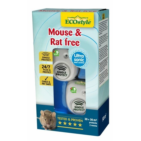 De verpakking van de Ecostyle Mouse & Rat Free Ultrasoon Duo Pack, met twee ultrasone verjagers en een afbeelding van een muis.