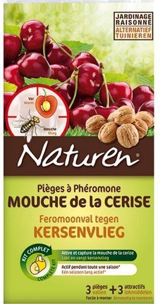 Gele driehoekige feromoonval van Naturen voor de biologische bestrijding van kersenvlieg. Inclusief 3 vallen en 3 lokmiddelen.