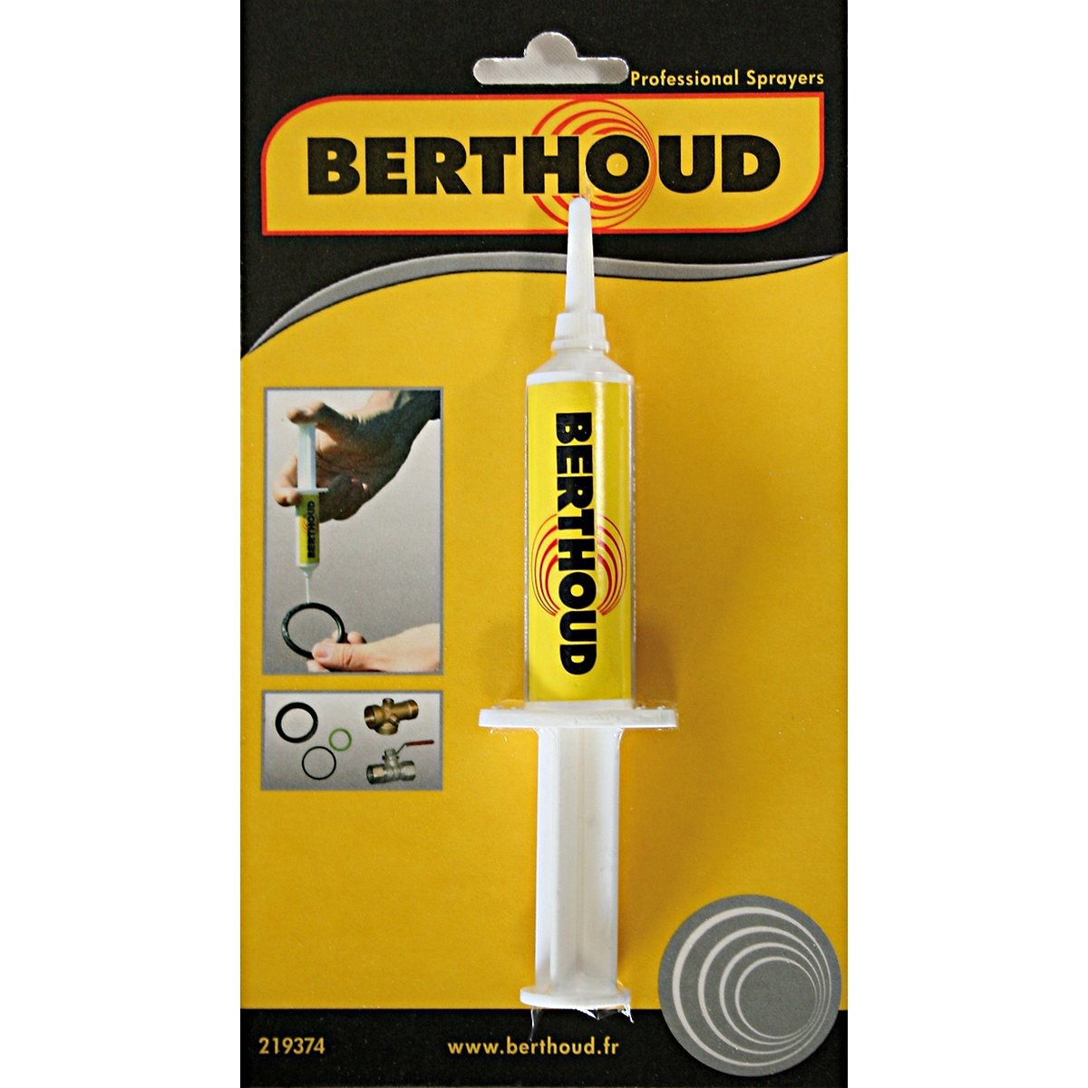 Witte spuit met siliconen vet van Berthoud, essentieel voor het onderhoud van drukspuiten en het voorkomen van lekkages.