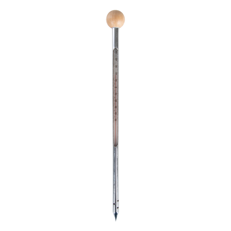Een lange metalen bodemthermometer met een ronde houten knop bovenaan en een puntige punt onderaan om in de grond te steken.