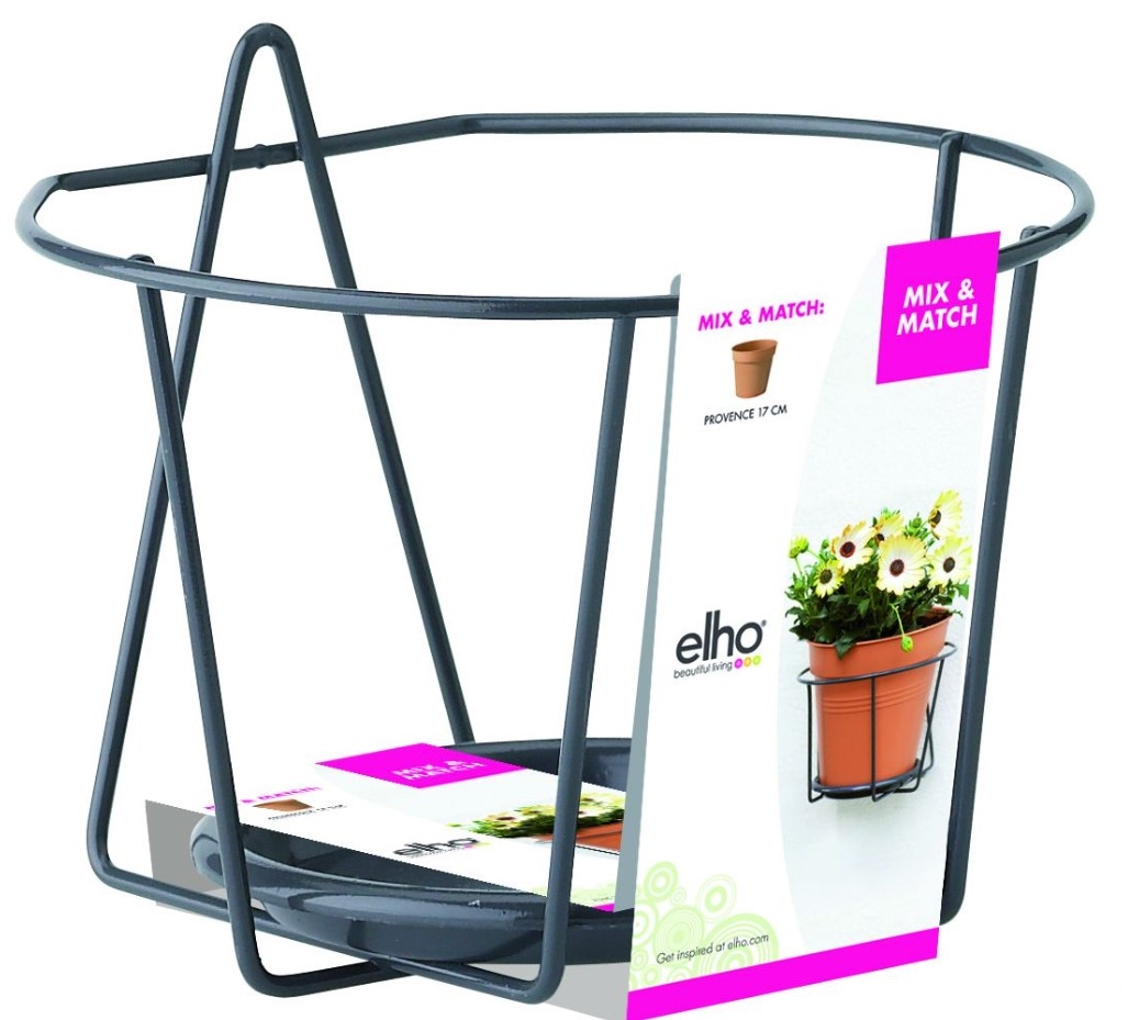Elho Pothouder Muur 21cm: Stijlvolle zwarte metalen houder voor bloempotten van 17cm, ideaal voor het decoreren van muren in de tuin of op het terras.